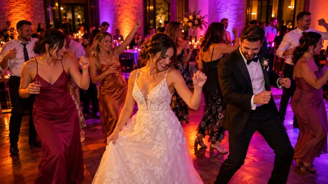 Dance floor lit with colorful party lighting