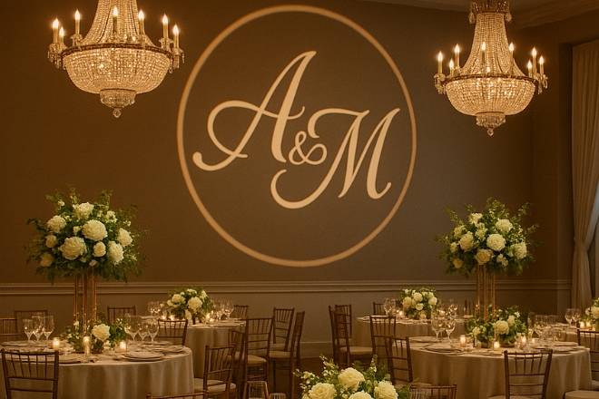 Complete A and M initials-only monogram projected on a warm neutral reception wall